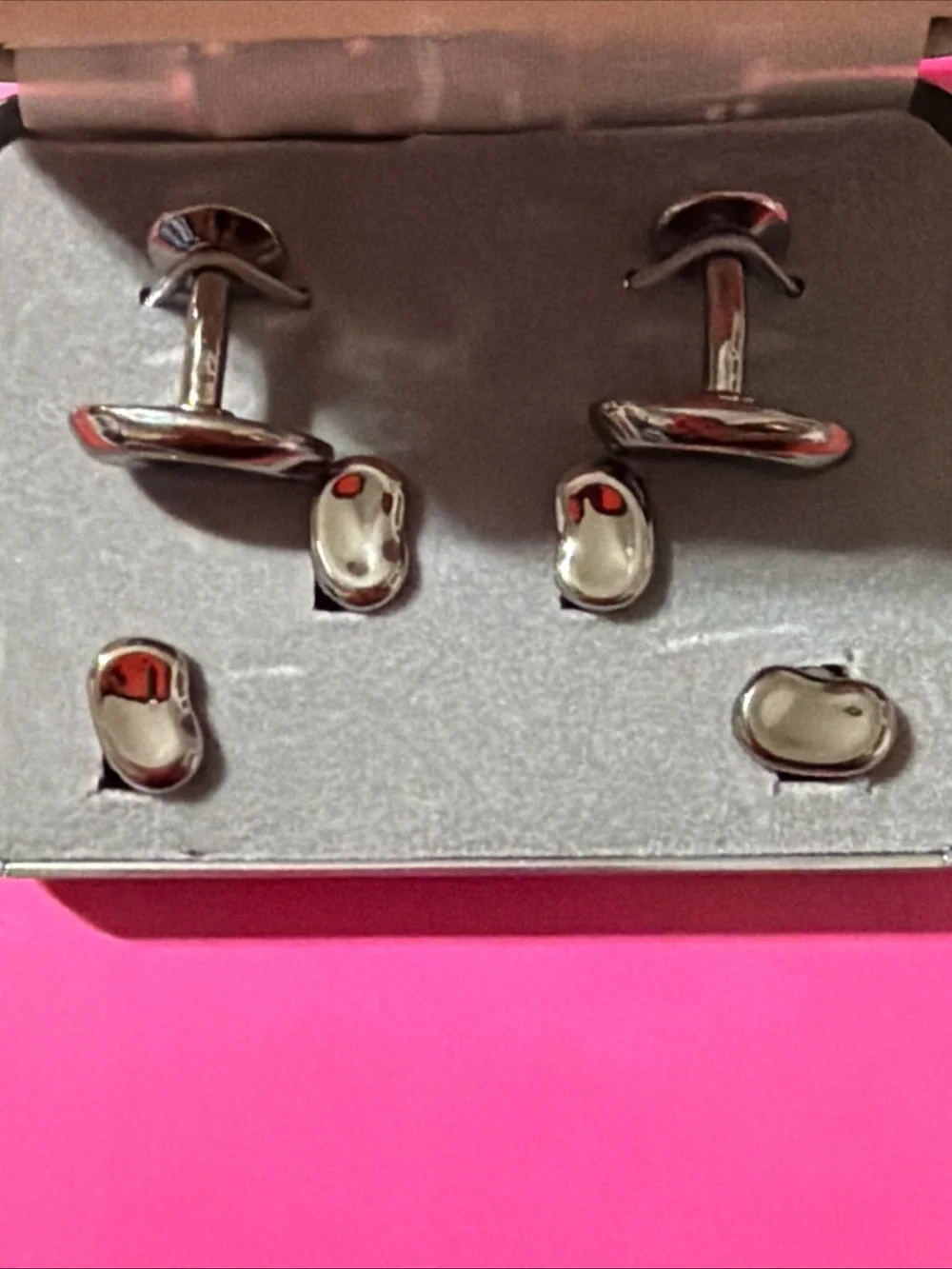JJ Weston Gunmetal Kidney Bean Cuff Links and Stud Set Vintage New in Box